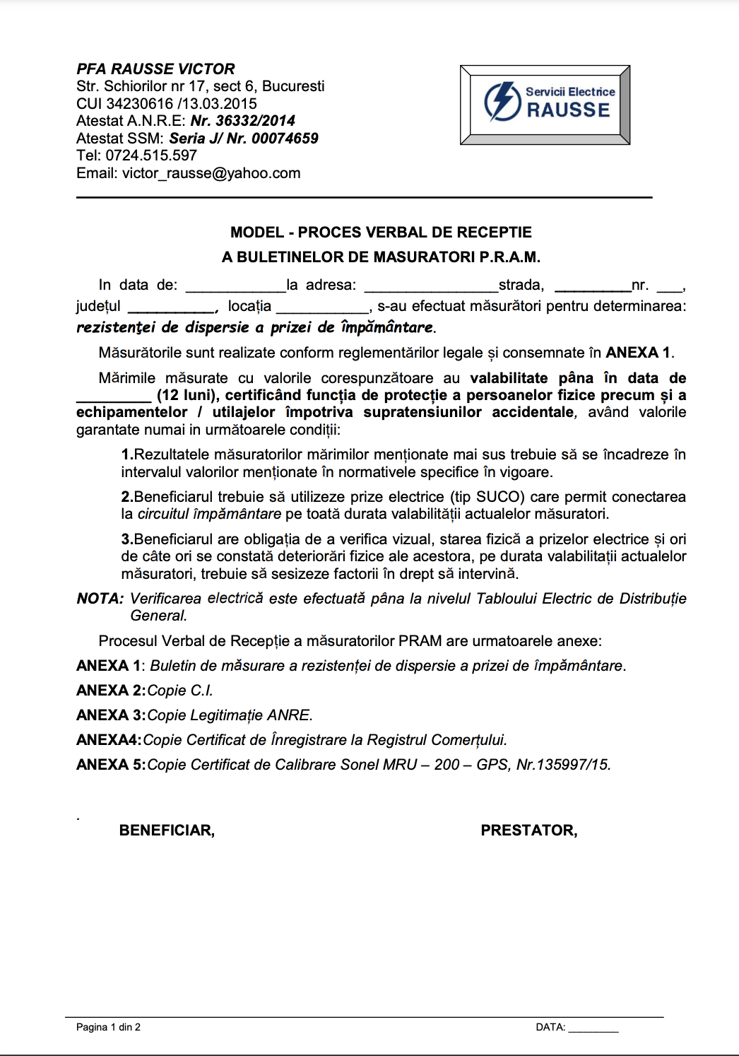 MODEL - PROCES VERBAL DE RECEPTIE A BULETINELOR DE MASURATORI P.R.A.M.