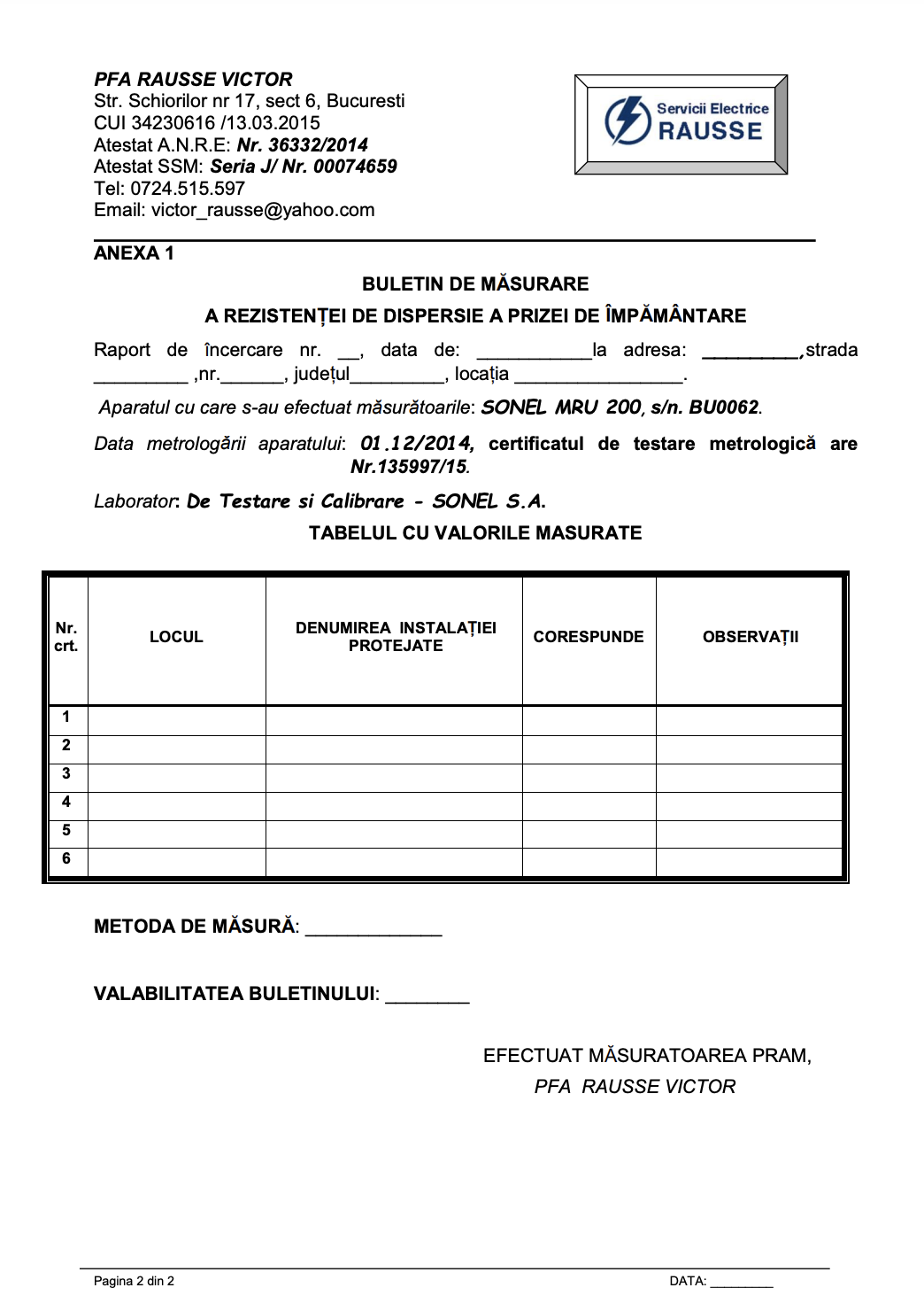 MODEL - PROCES VERBAL DE RECEPTIE A BULETINELOR DE MASURATORI P.R.A.M.